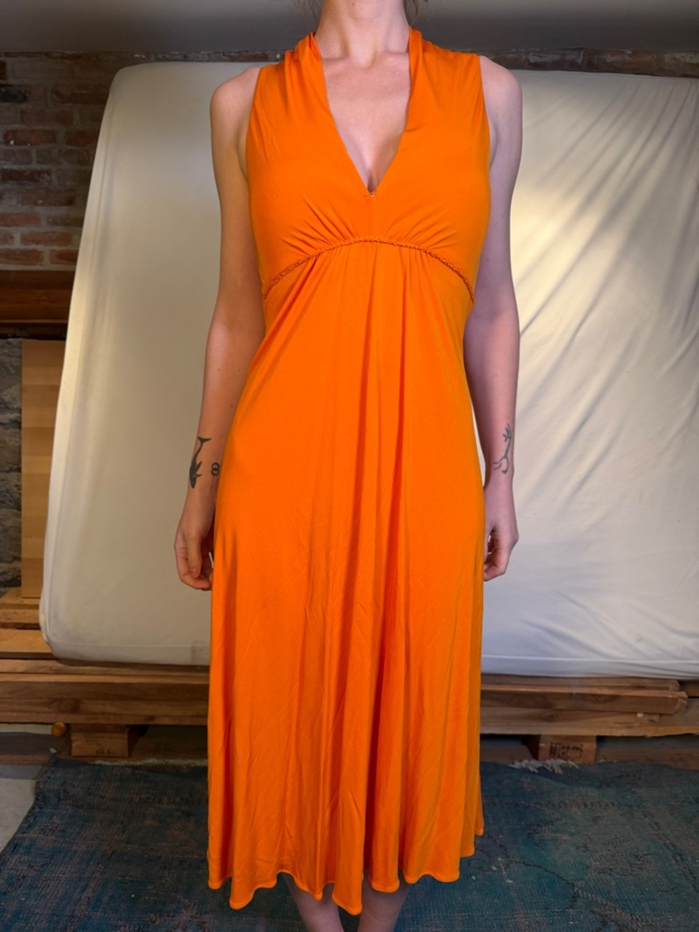 Sleeveless V-Neck Orange Midi Dress